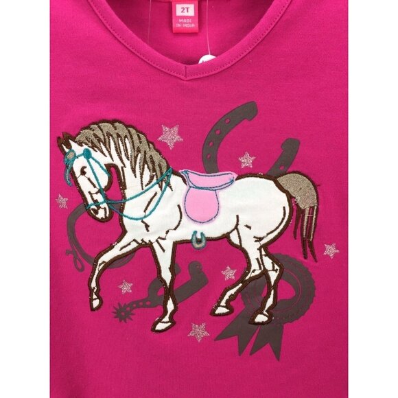 CR Kids 2T Pink Horse Graphic Tee With Striped Long Sleeves - Picture 3 of 4